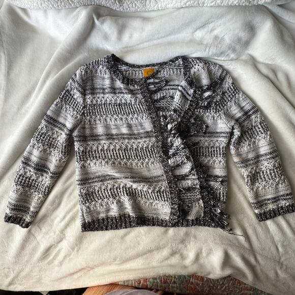 Ruby Rd Black, White and Metallic Open Cardigan Sweater Blazer Fringe Trim Large - Picture 9 of 10